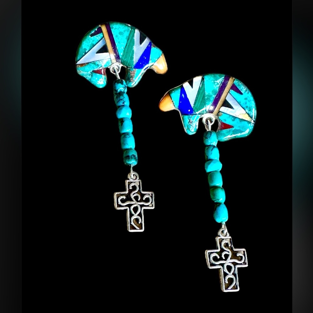 Gorgeous bear inlay sterling silver Native American turquoise sugilite earrings